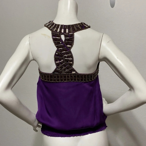Bebe Purple Y2k Whimsigoth Studded Embellished Neck 100% Silk Blouse Size XXS - Picture 4 of 7